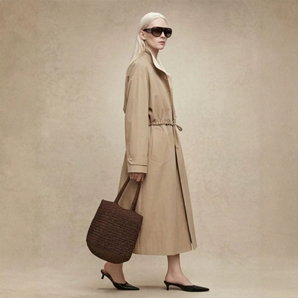 Women Tailored Coat in Trenchcoat Style with Drawstring Waist and Contrast Collar Chichicherry - Chichicherry