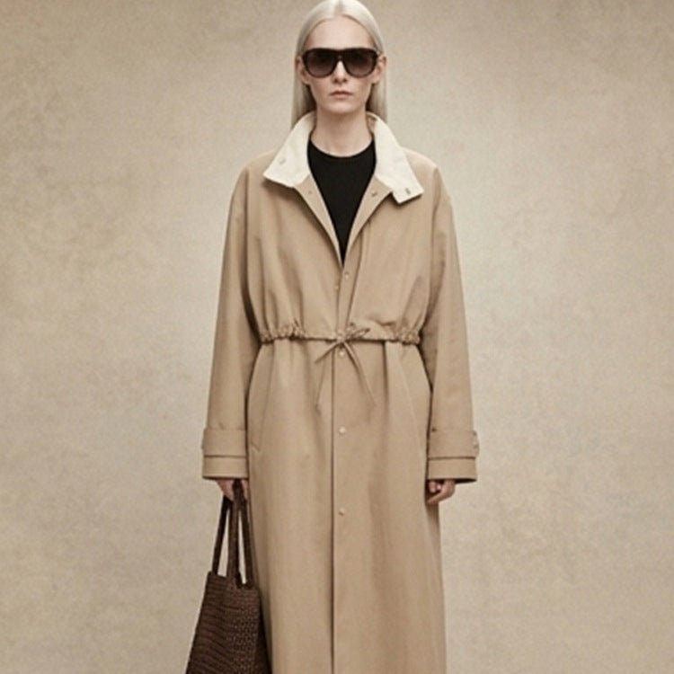 Women Tailored Coat in Trenchcoat Style with Drawstring Waist and Contrast Collar Chichicherry - Chichicherry