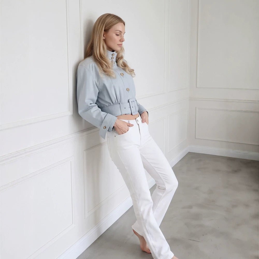 Women Tailored Cropped Jacket with Extra Long Bow & Wide Waist Belt Chichicherry - Chichicherry
