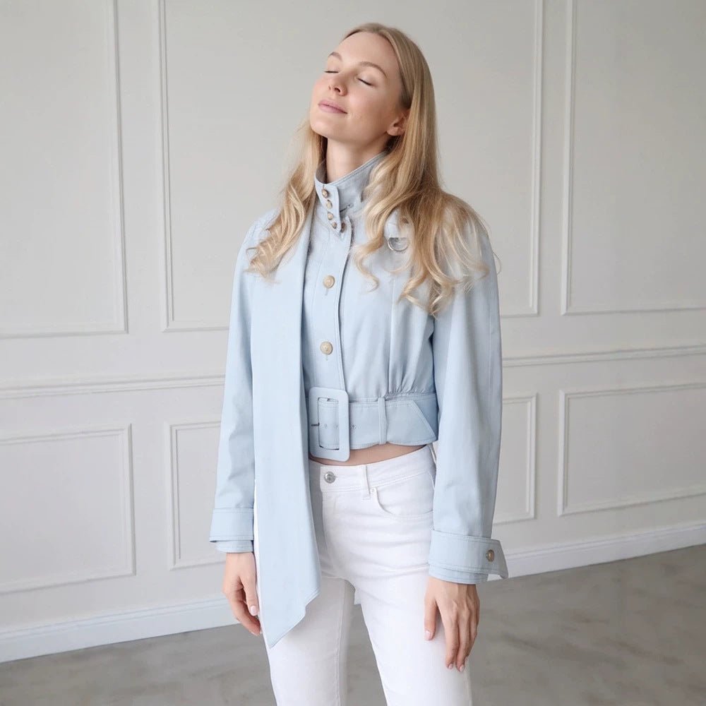 Women Tailored Cropped Jacket with Extra Long Bow & Wide Waist Belt Chichicherry - Chichicherry