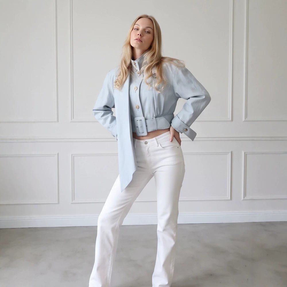 Women Tailored Cropped Jacket with Extra Long Bow & Wide Waist Belt Chichicherry - Chichicherry
