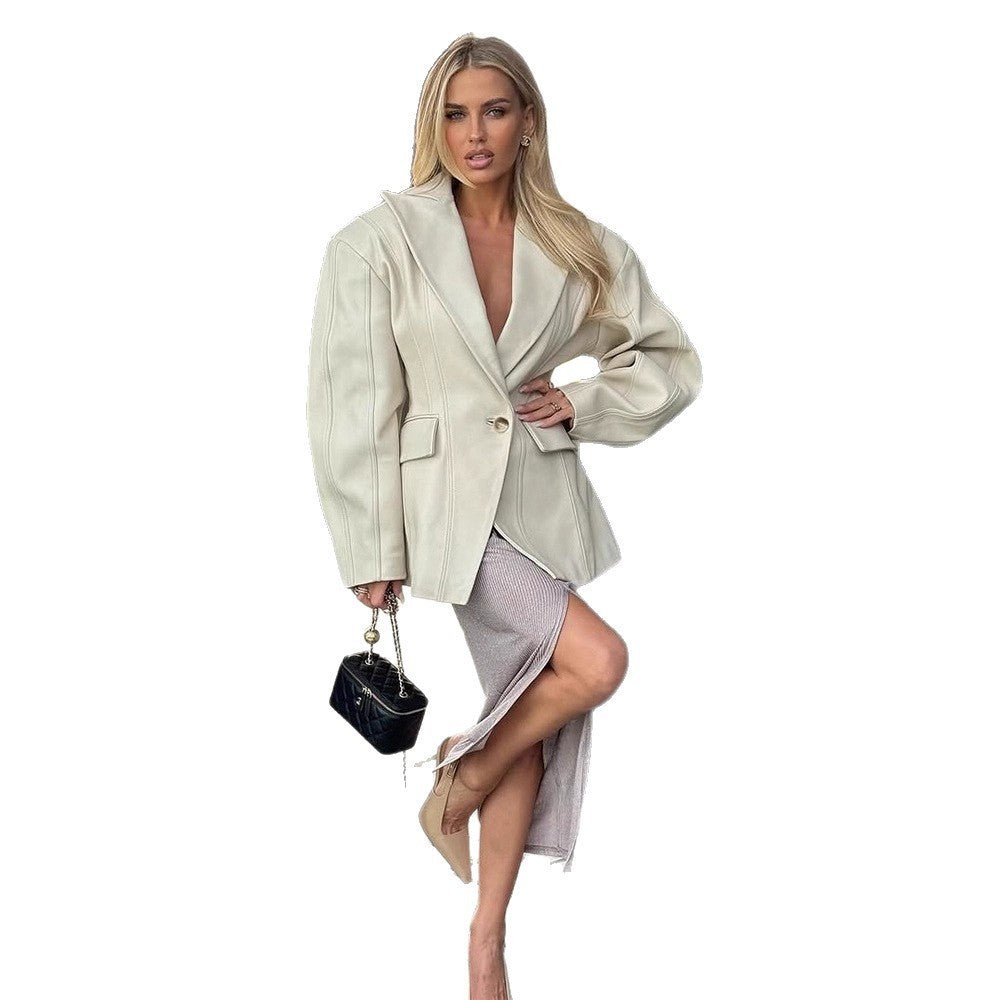 Women Tailored Faux Leather Blazer with Princess Seams and Structured Shoulder Chichicherry - Chichicherry