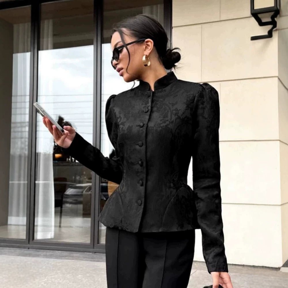 Women tailored jacquard blouse with stand-up collar and decorative button placket Chichicherry - Chichicherry