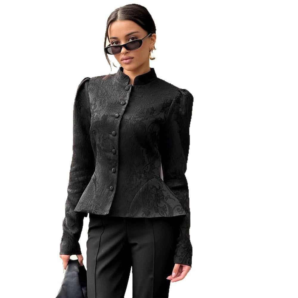 Women tailored jacquard blouse with stand-up collar and decorative button placket Chichicherry - Chichicherry