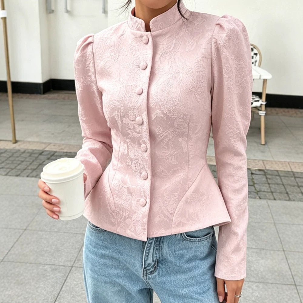 Women tailored jacquard blouse with stand-up collar and decorative button placket Chichicherry - Chichicherry