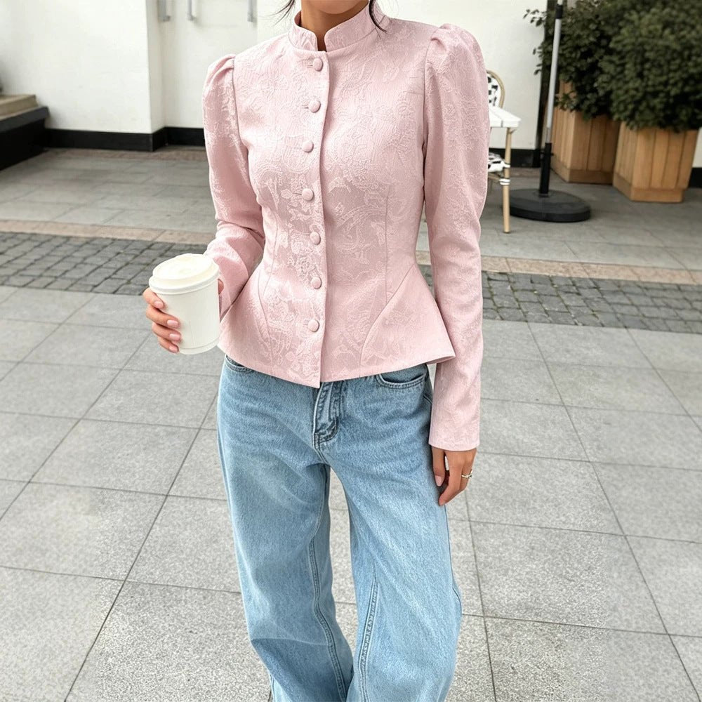 Women tailored jacquard blouse with stand-up collar and decorative button placket Chichicherry - Chichicherry