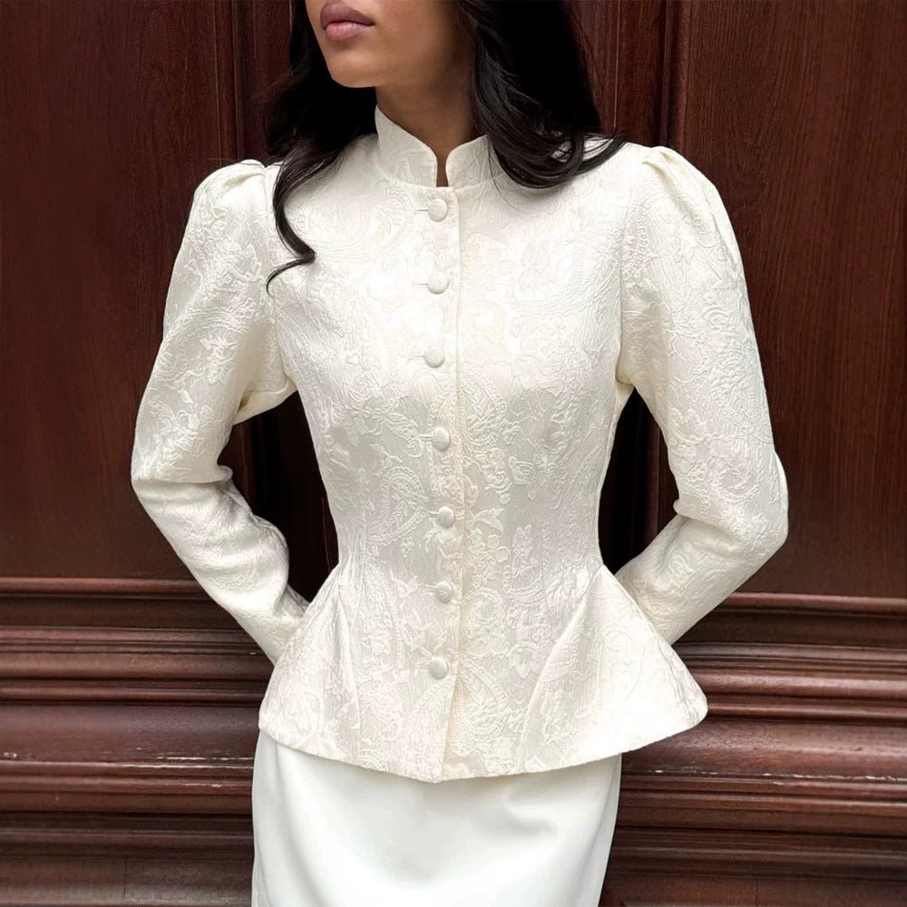 Women tailored jacquard blouse with stand-up collar and decorative button placket Chichicherry - Chichicherry