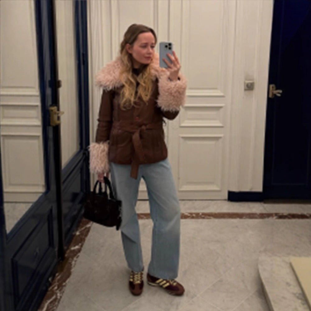 Women tailored leather imitation jacket with tie belt, opulent removable faux fur shawl collar and fur cuffs Chichicherry - Chichicherry