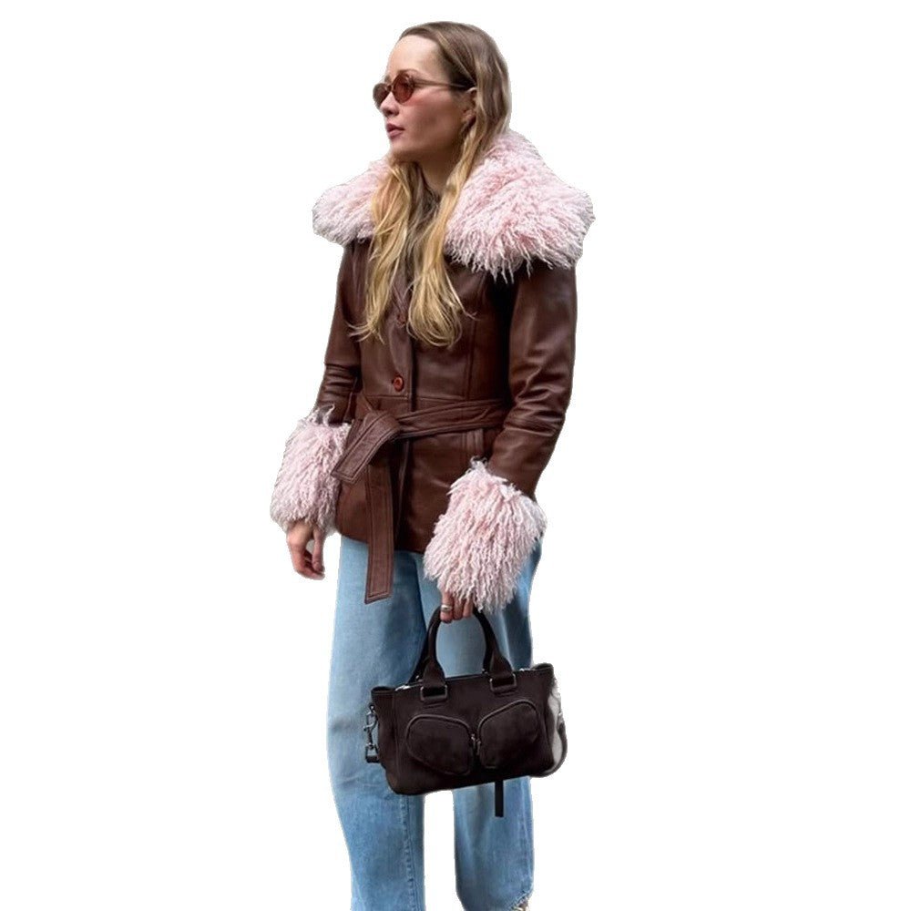 Women tailored leather imitation jacket with tie belt, opulent removable faux fur shawl collar and fur cuffs Chichicherry - Chichicherry