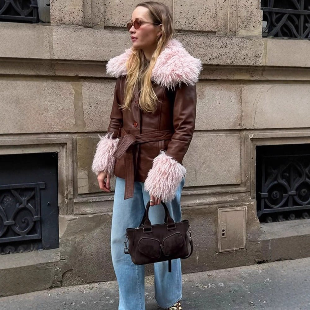 Women tailored leather imitation jacket with tie belt, opulent removable faux fur shawl collar and fur cuffs Chichicherry - Chichicherry