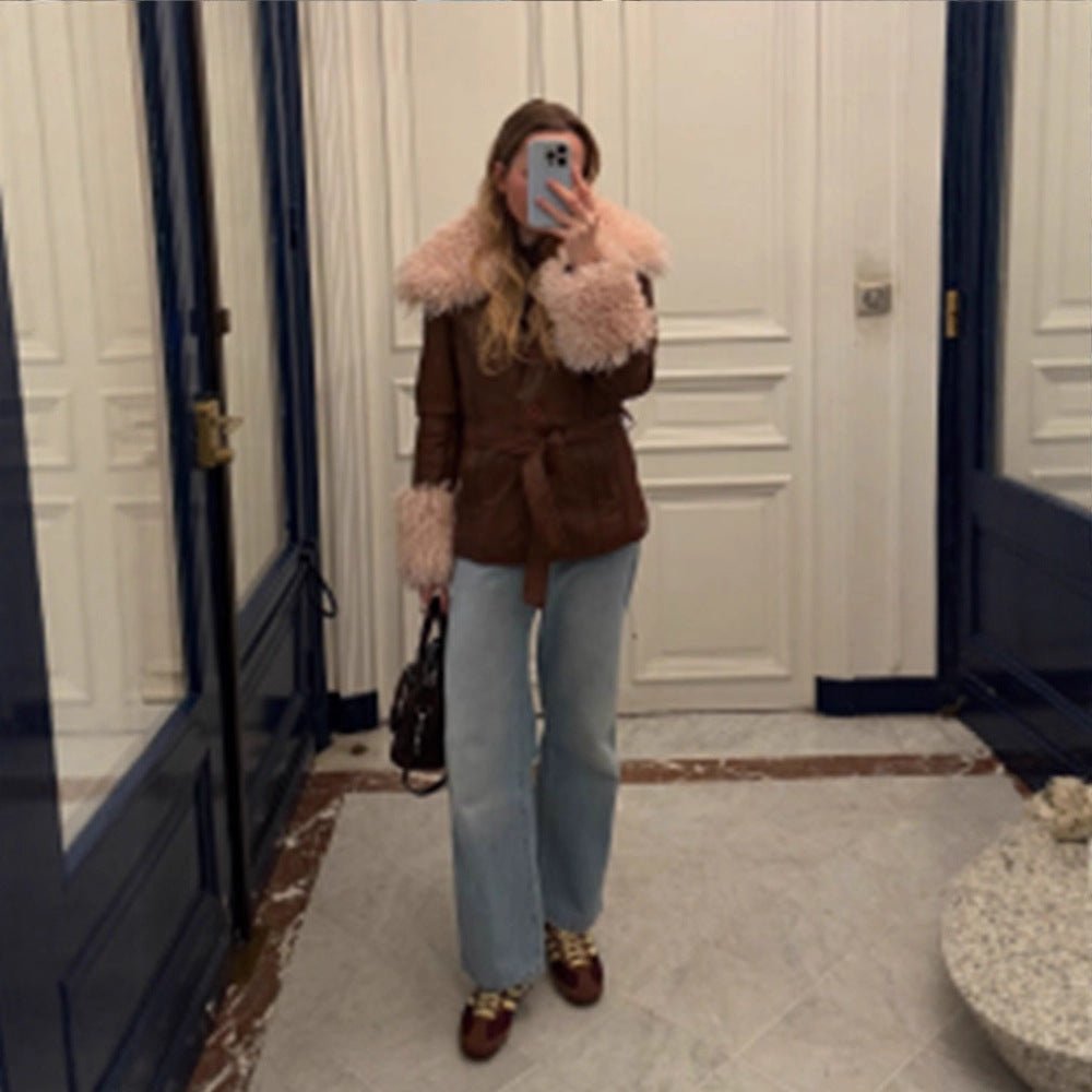 Women tailored leather imitation jacket with tie belt, opulent removable faux fur shawl collar and fur cuffs Chichicherry - Chichicherry