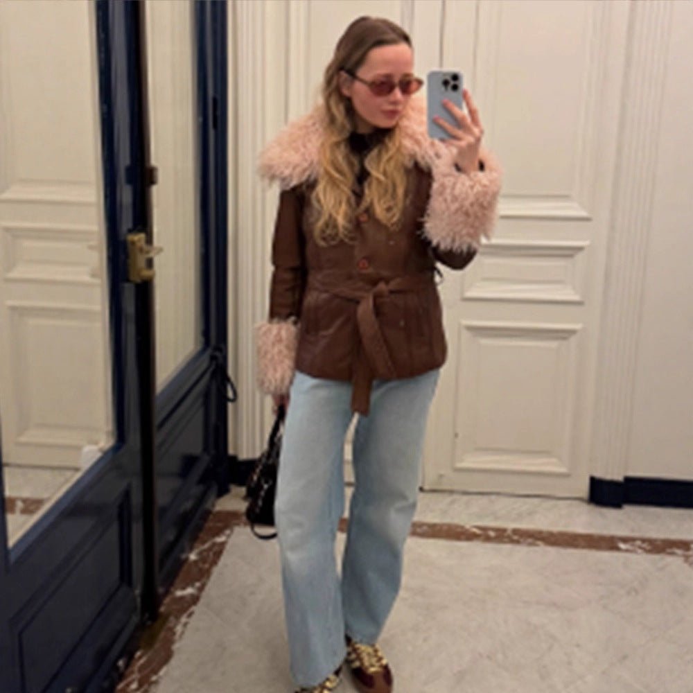 Women tailored leather imitation jacket with tie belt, opulent removable faux fur shawl collar and fur cuffs Chichicherry - Chichicherry