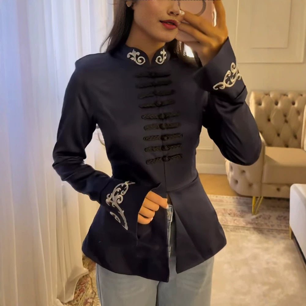 Women tailored satin jacket with mandarin collar, decorative cord closures and embroidered cuffs Chichicherry - Chichicherry