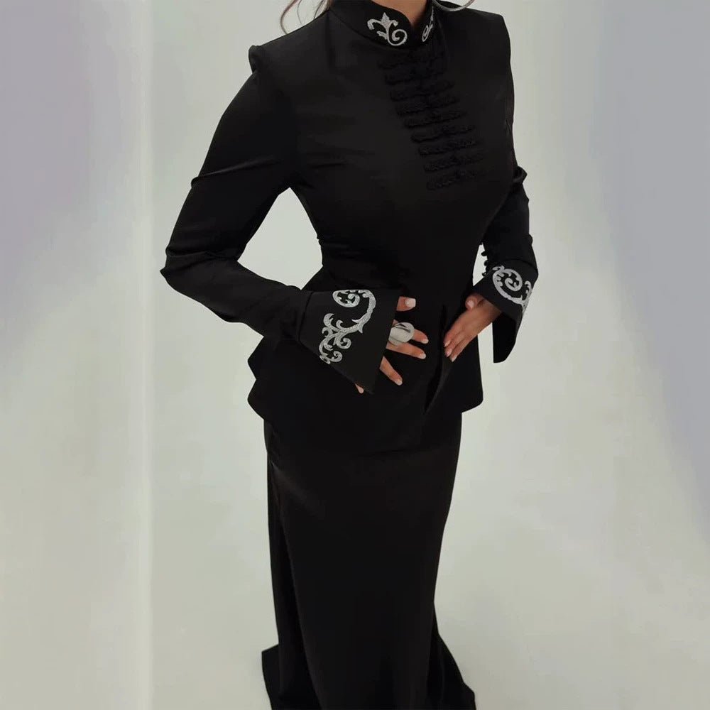 Women tailored satin jacket with mandarin collar, decorative cord closures and embroidered cuffs Chichicherry - Chichicherry