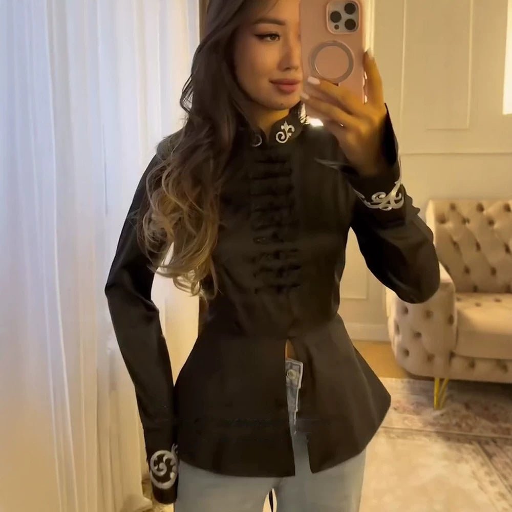 Women tailored satin jacket with mandarin collar, decorative cord closures and embroidered cuffs Chichicherry - Chichicherry