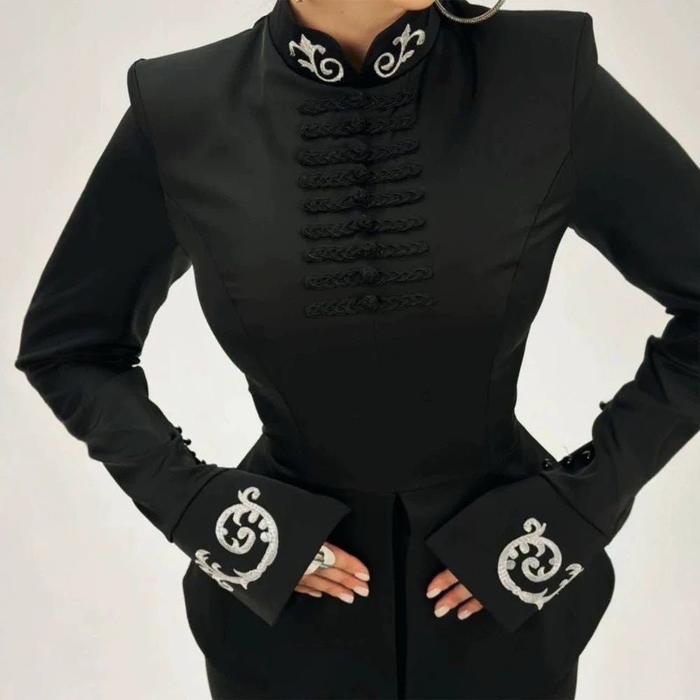 Women tailored satin jacket with mandarin collar, decorative cord closures and embroidered cuffs Chichicherry - Chichicherry