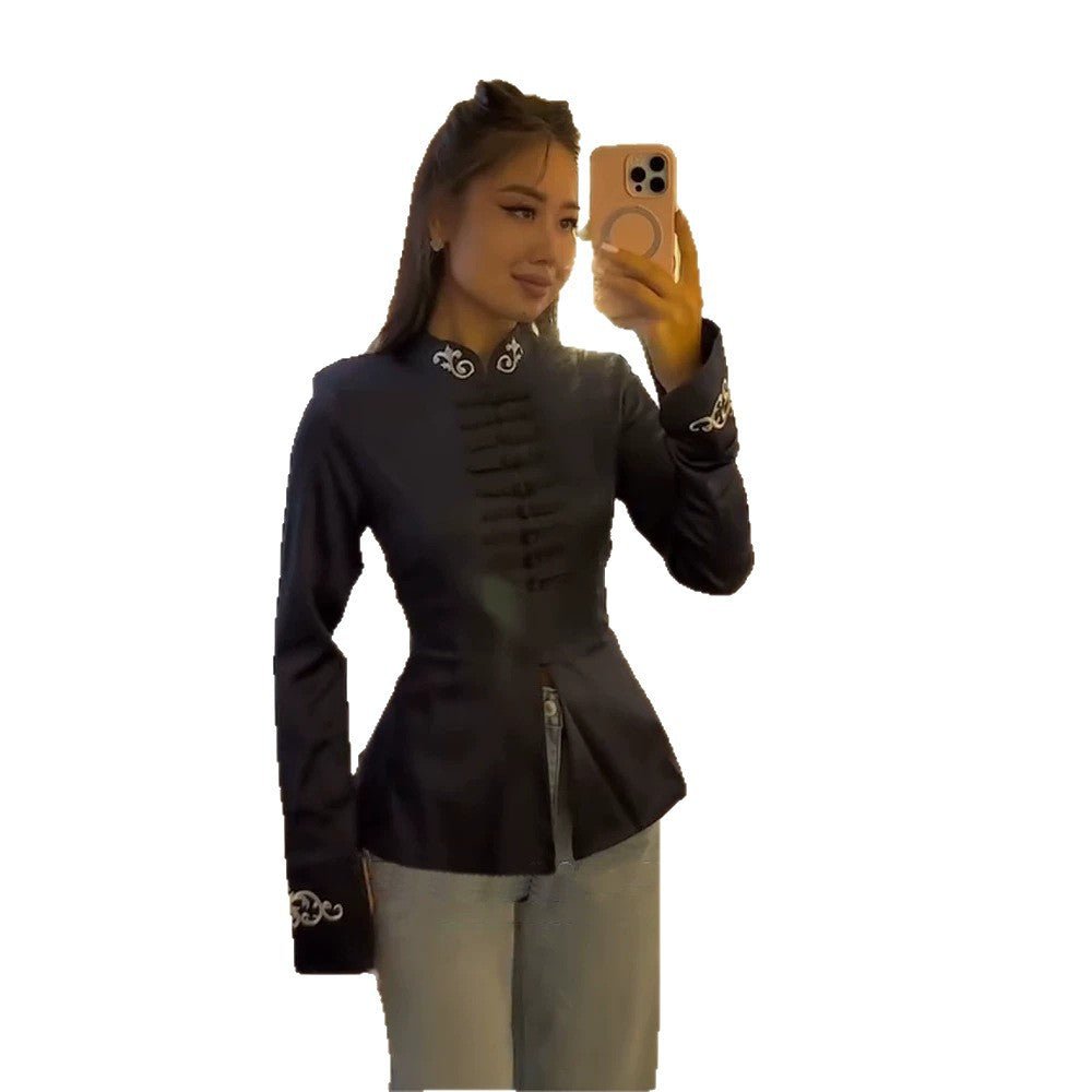 Women tailored satin jacket with mandarin collar, decorative cord closures and embroidered cuffs Chichicherry - Chichicherry