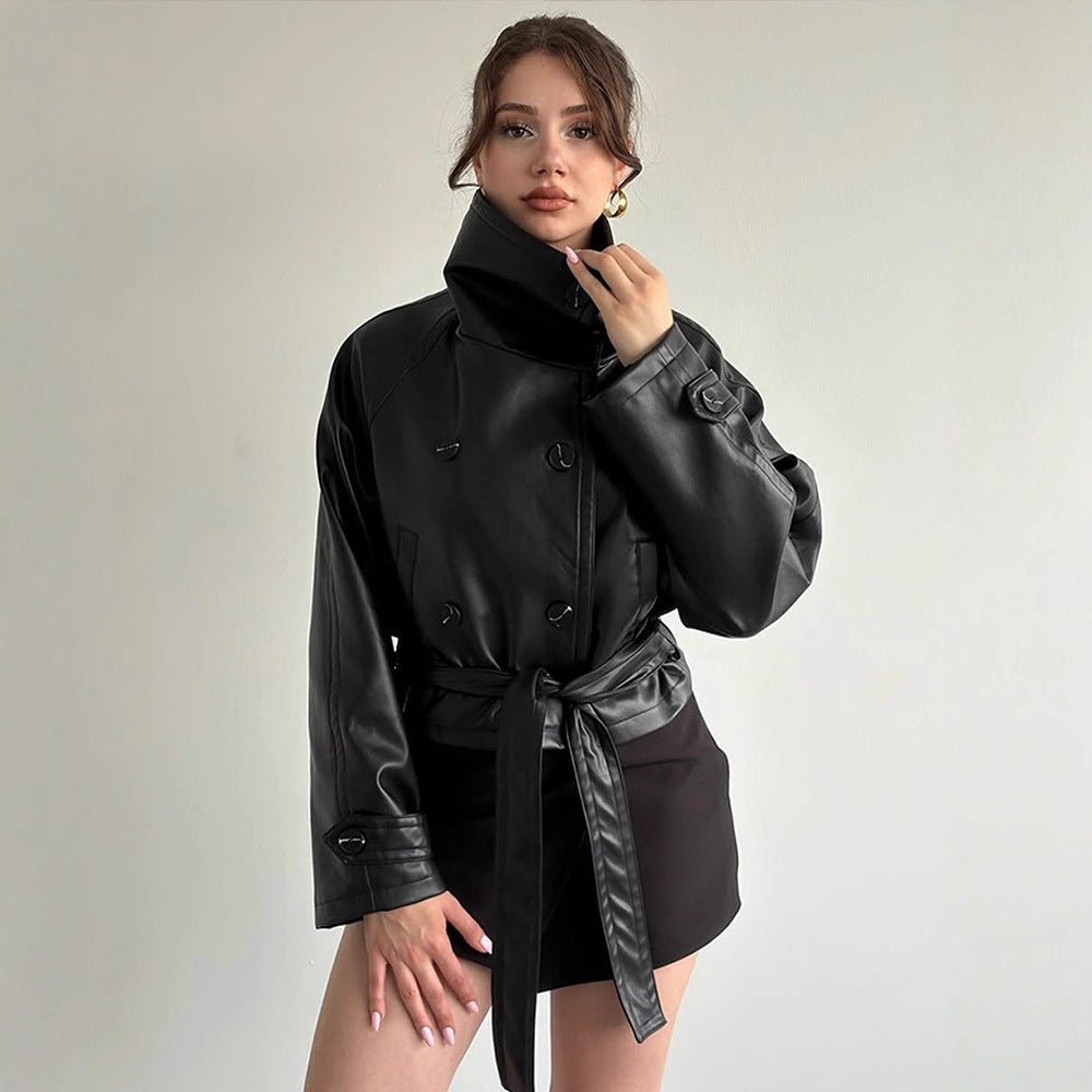 Women Tailored Short Blouson Jacket made of Imitation Leather with High Stand-up Collar and Ties Belt Chichicherry - Chichicherry