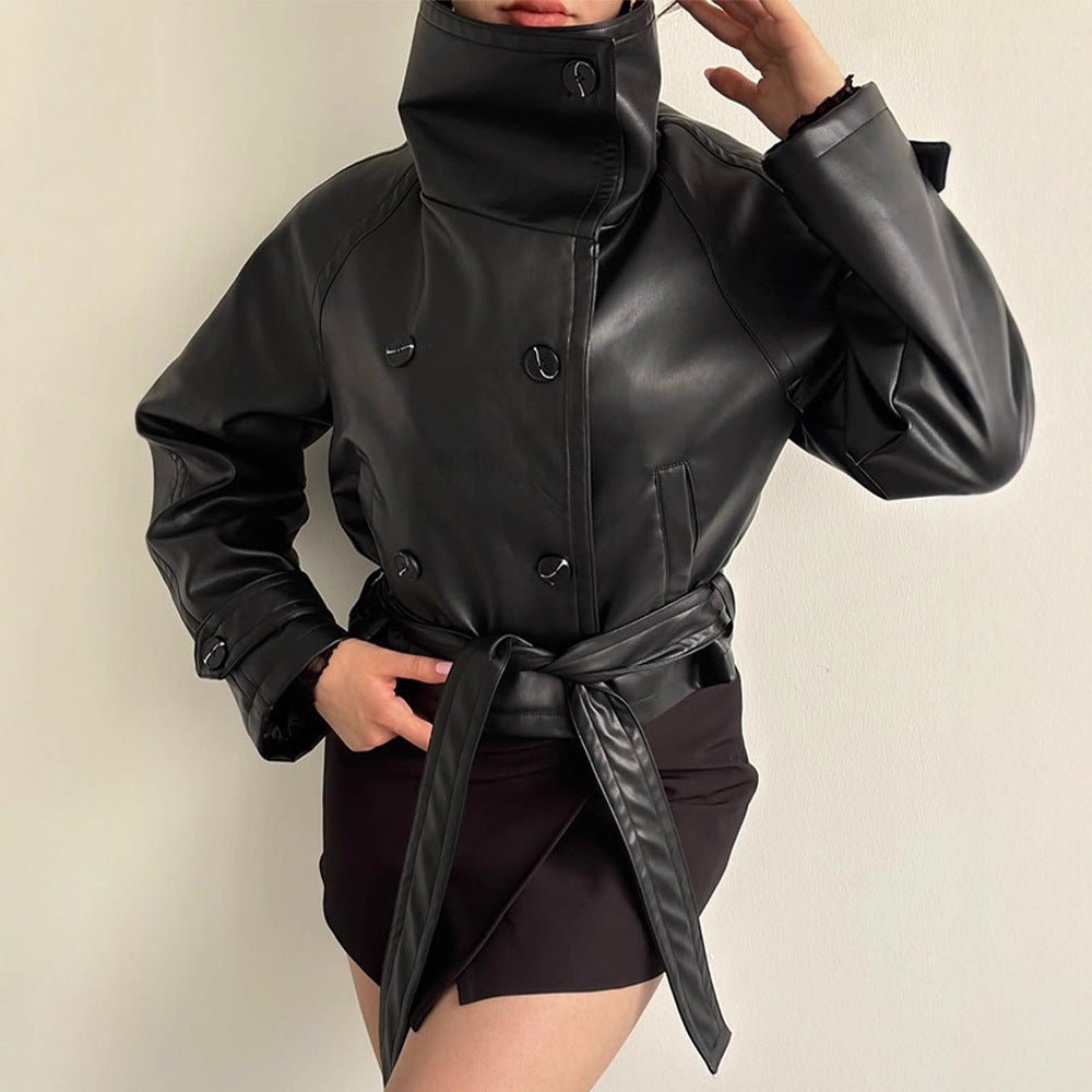 Women Tailored Short Blouson Jacket made of Imitation Leather with High Stand-up Collar and Ties Belt Chichicherry - Chichicherry