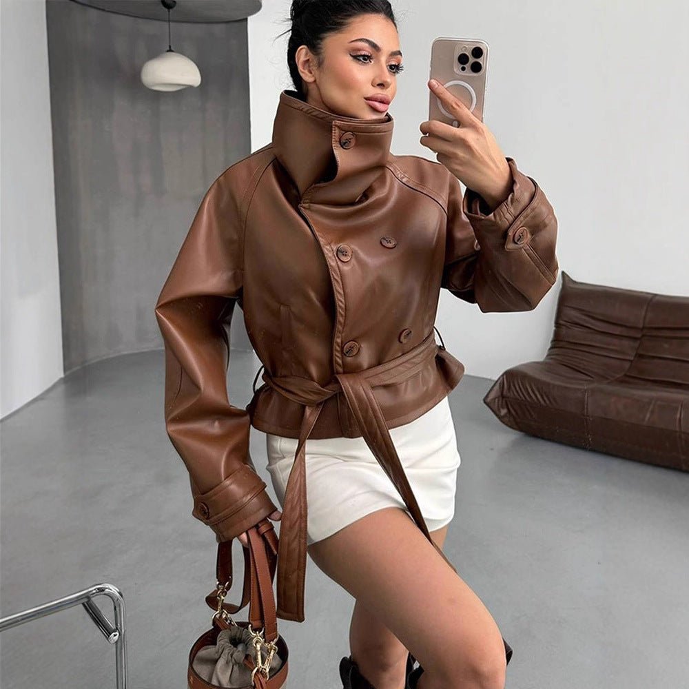Women Tailored Short Blouson Jacket made of Imitation Leather with High Stand-up Collar and Ties Belt Chichicherry - Chichicherry