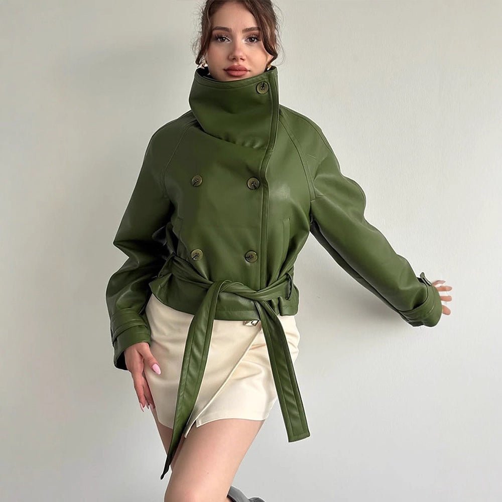 Women Tailored Short Blouson Jacket made of Imitation Leather with High Stand-up Collar and Ties Belt Chichicherry - Chichicherry