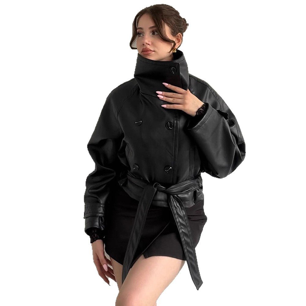 Women Tailored Short Blouson Jacket made of Imitation Leather with High Stand-up Collar and Ties Belt Chichicherry - Chichicherry