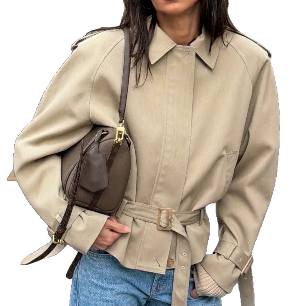 Women Tailored Short Trench Coat with Tie Belt, Raglan Sleeves and Concealed Button Placket Chichicherry - Chichicherry
