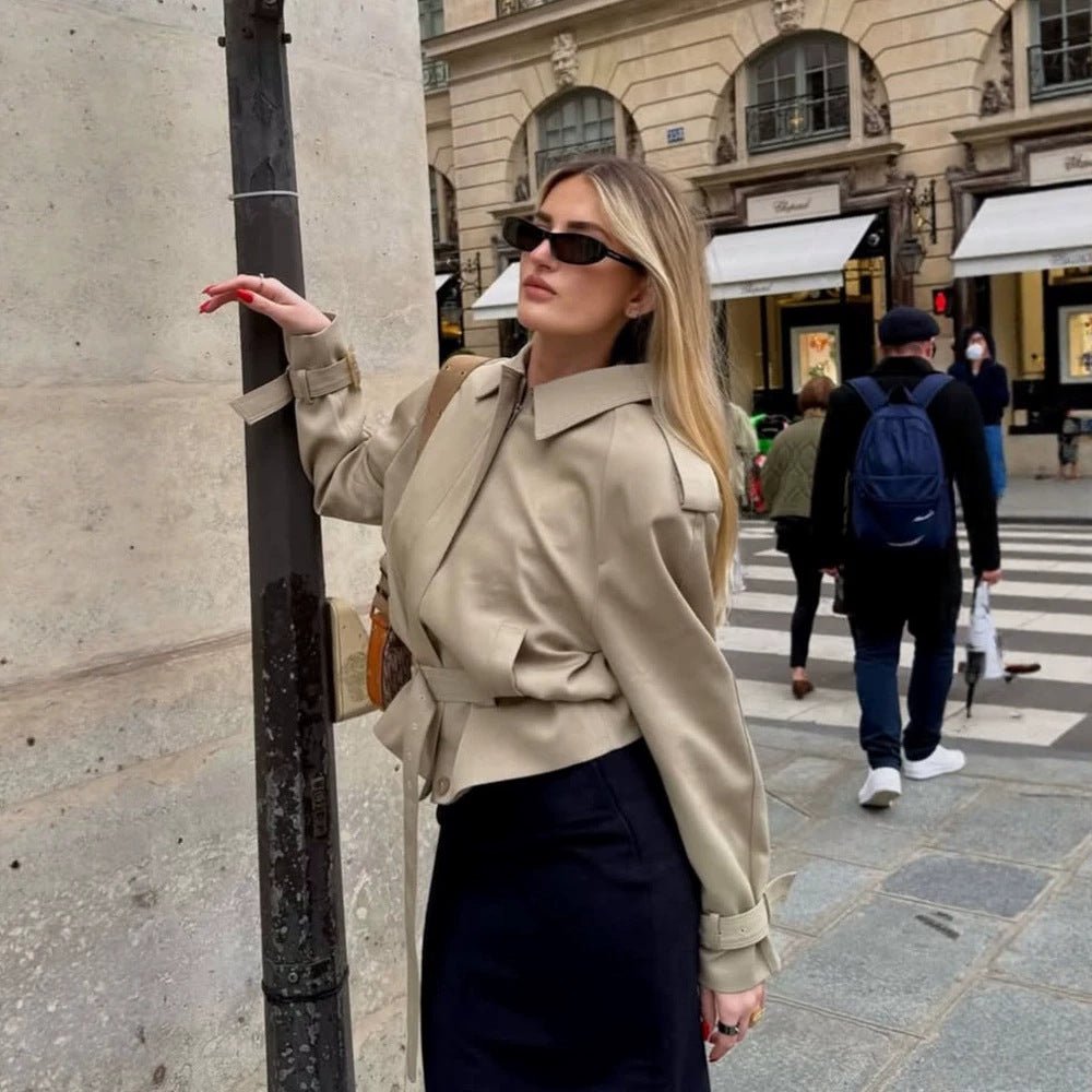 Women Tailored Short Trench Coat with Tie Belt, Raglan Sleeves and Concealed Button Placket Chichicherry - Chichicherry