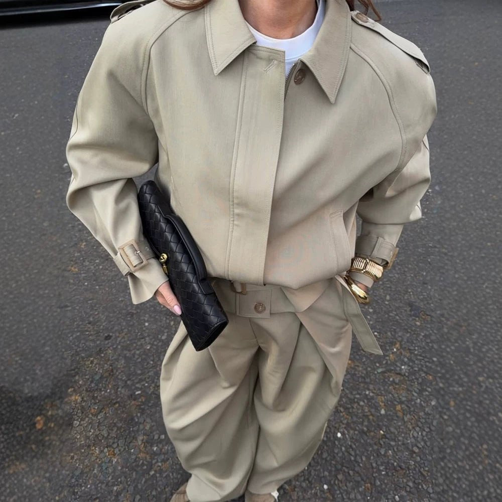Women Tailored Short Trench Coat with Tie Belt, Raglan Sleeves and Concealed Button Placket Chichicherry - Chichicherry
