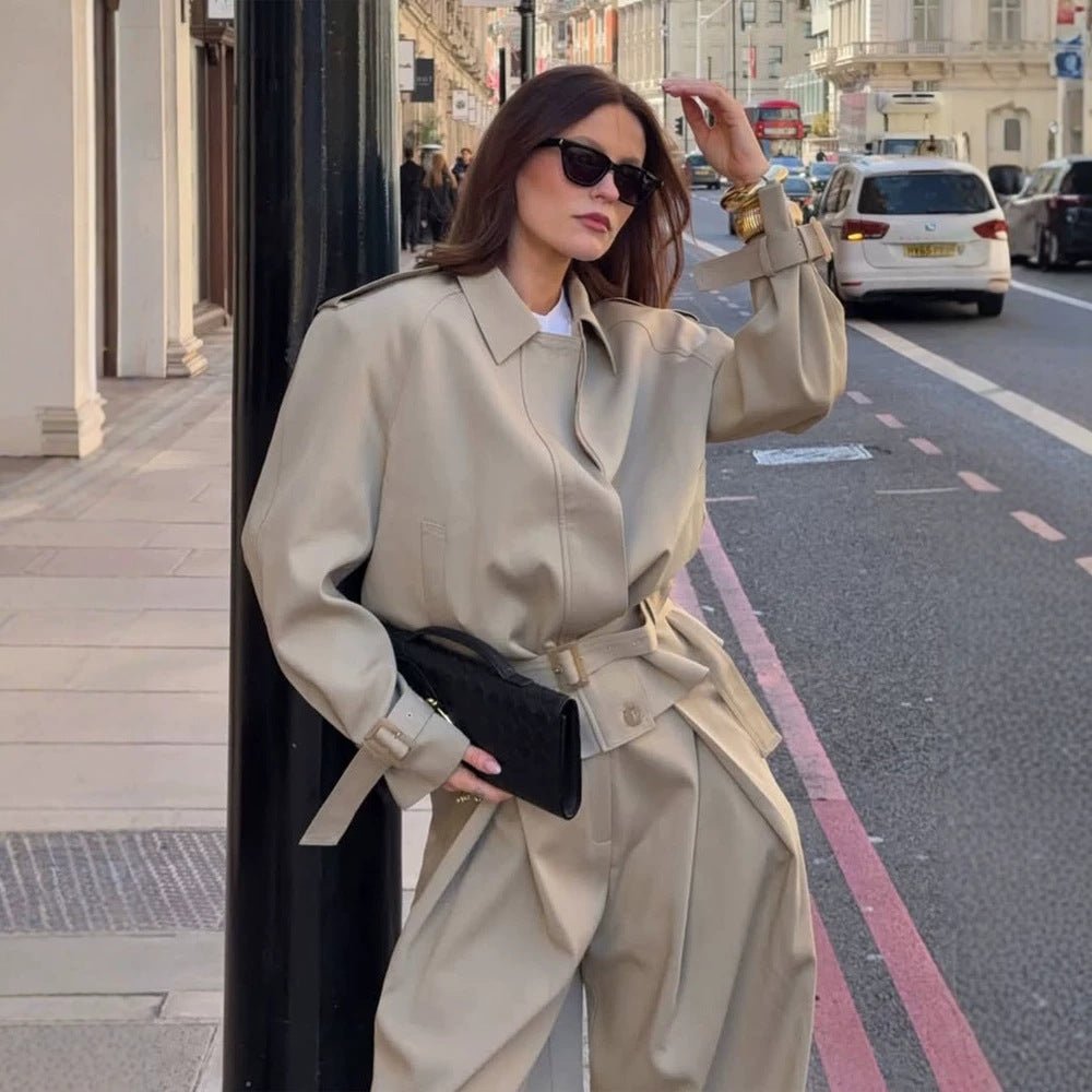Women Tailored Short Trench Coat with Tie Belt, Raglan Sleeves and Concealed Button Placket Chichicherry - Chichicherry
