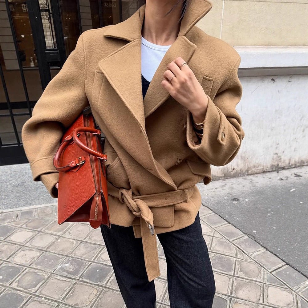 Women Tailored Wool Blend Short Coat with Tie Belt, Wide Lapels and Button Cuffs Chichicherry - Chichicherry
