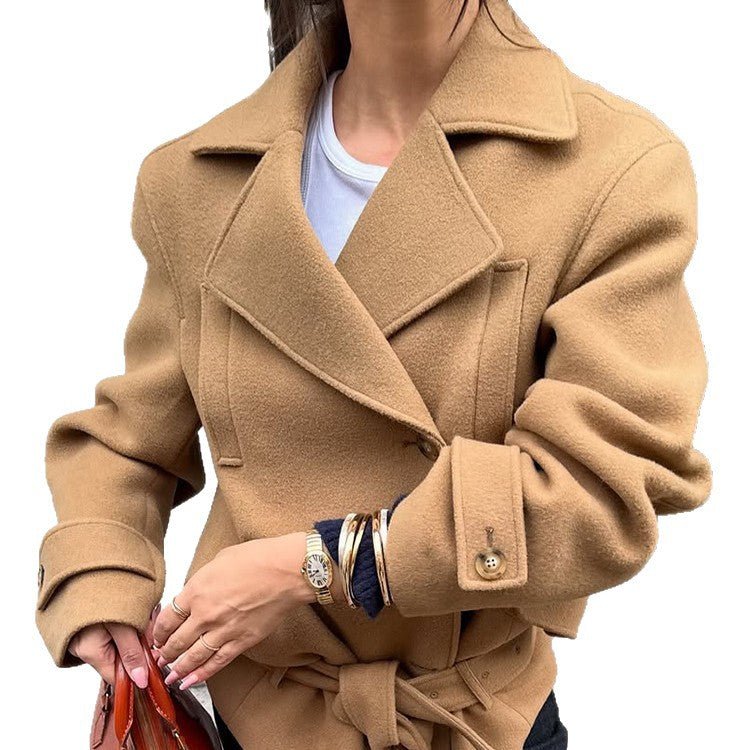 Women Tailored Wool Blend Short Coat with Tie Belt, Wide Lapels and Button Cuffs Chichicherry - Chichicherry