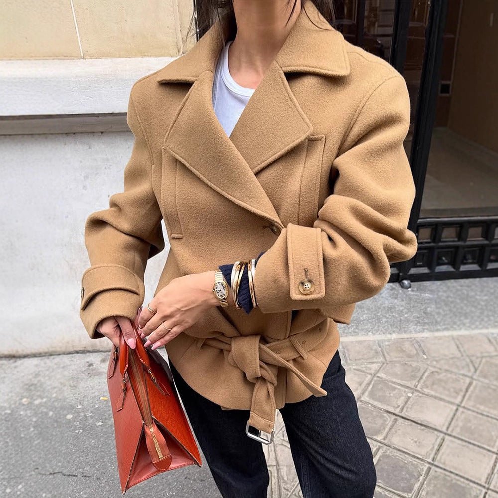 Women Tailored Wool Blend Short Coat with Tie Belt, Wide Lapels and Button Cuffs Chichicherry - Chichicherry