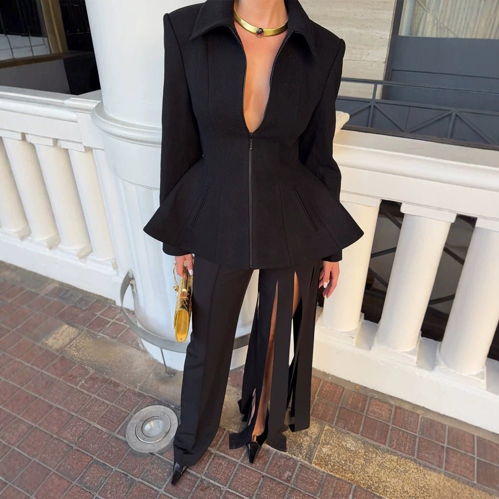 Women tailored zip blazer with peplum & structured shoulder Chichicherry - Chichicherry