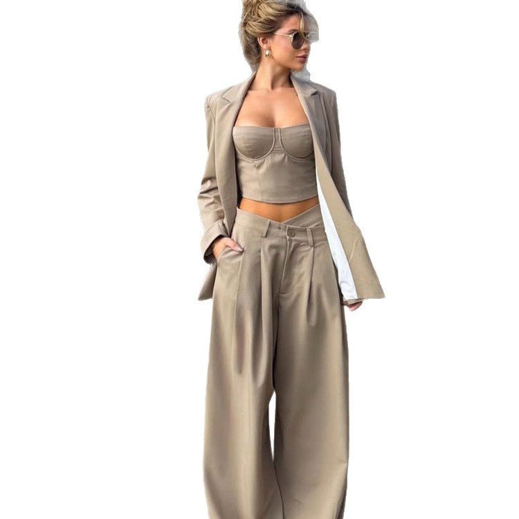 Women Three-Piece Tailoring Set with Corset Top, Oversized Blazer and Pleated Wide-Leg Pants Chichicherry - Chichicherry