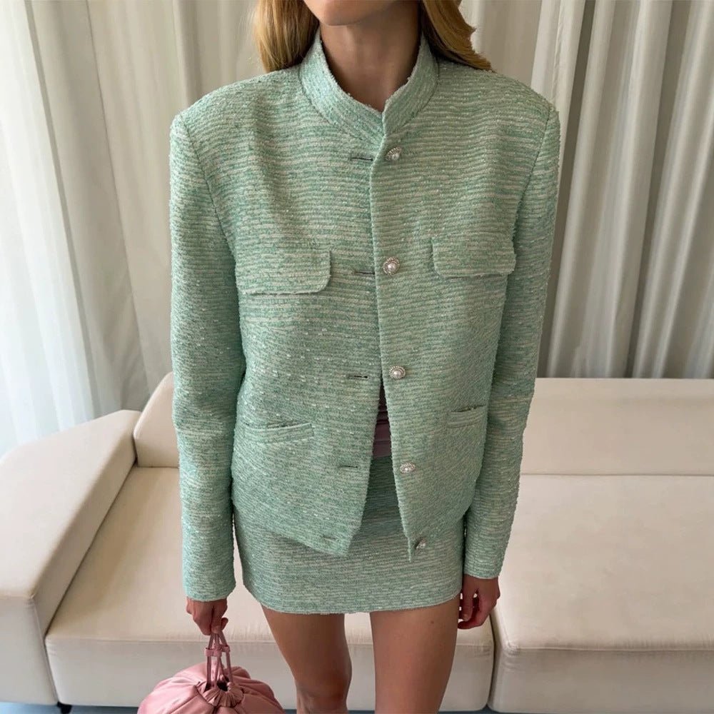 Women Tweed Two-Piece Short Jacket and Mini Skirt in Boucle Style Chichicherry - Chichicherry