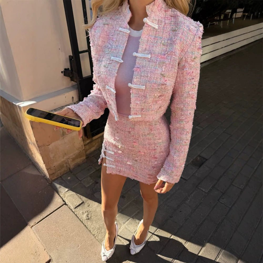 Women Tweed Two-Piece Short Jacket and Mini Skirt in Boucle Style Chichicherry - Chichicherry