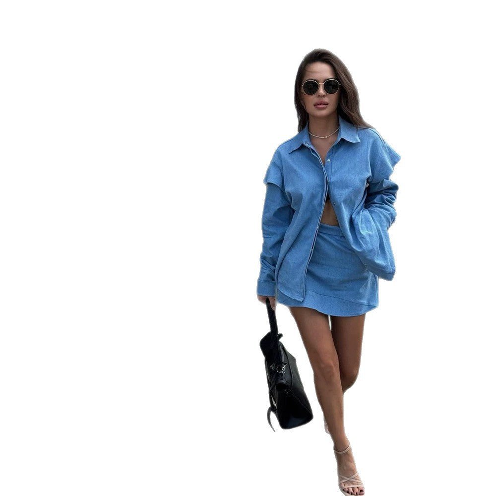 Women Two-Piece Denim Set with Oversized Shirt Jacket and Mini Skirt Chichicherry - Chichicherry
