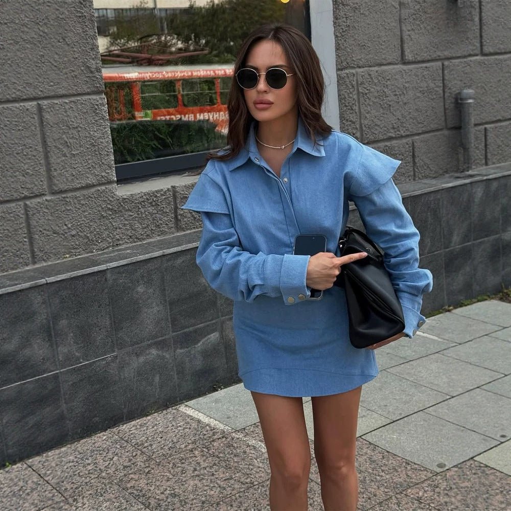 Women Two-Piece Denim Set with Oversized Shirt Jacket and Mini Skirt Chichicherry - Chichicherry