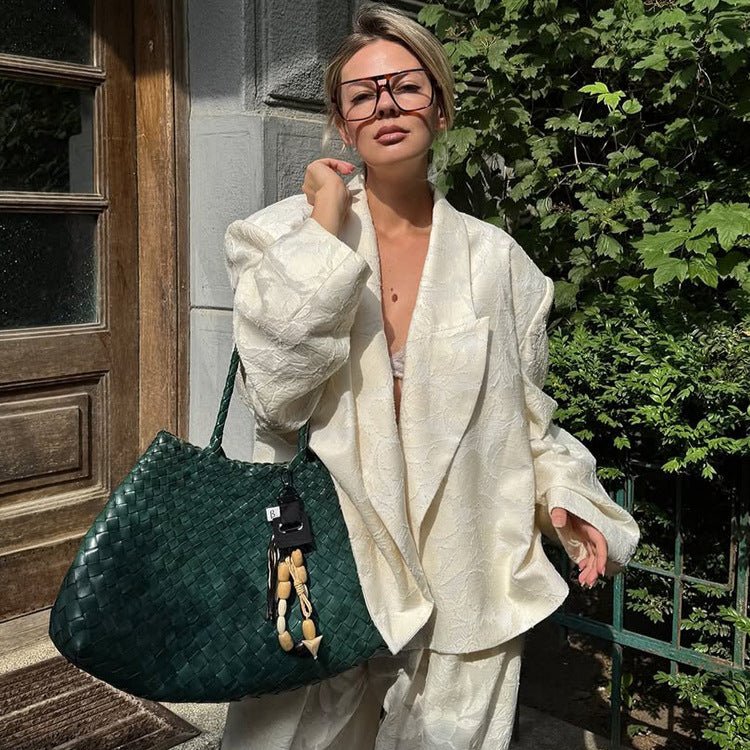 Women Two-Piece Jacquard Pants Set with Oversized Boxy Blazer and High-Cut Palazzo Pants Chichicherry - Chichicherry