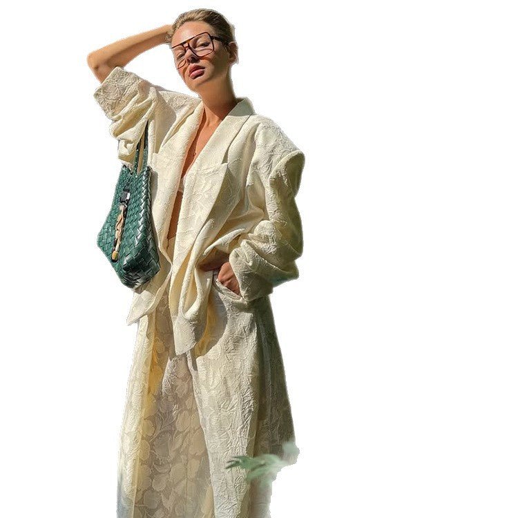 Women Two-Piece Jacquard Pants Set with Oversized Boxy Blazer and High-Cut Palazzo Pants Chichicherry - Chichicherry