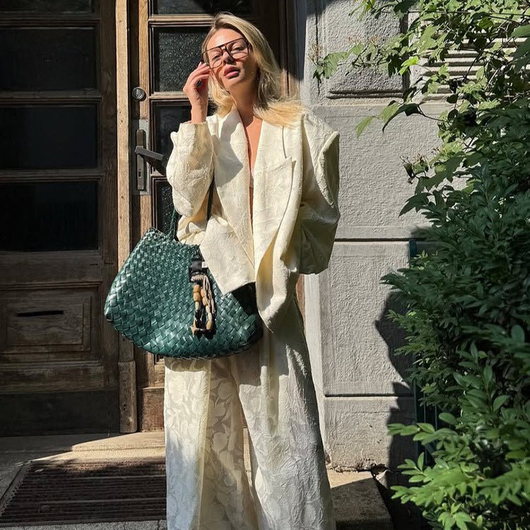 Women Two-Piece Jacquard Pants Set with Oversized Boxy Blazer and High-Cut Palazzo Pants Chichicherry - Chichicherry