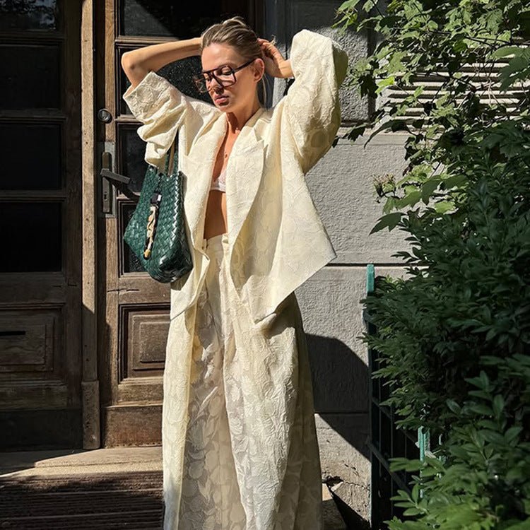 Women Two-Piece Jacquard Pants Set with Oversized Boxy Blazer and High-Cut Palazzo Pants Chichicherry - Chichicherry