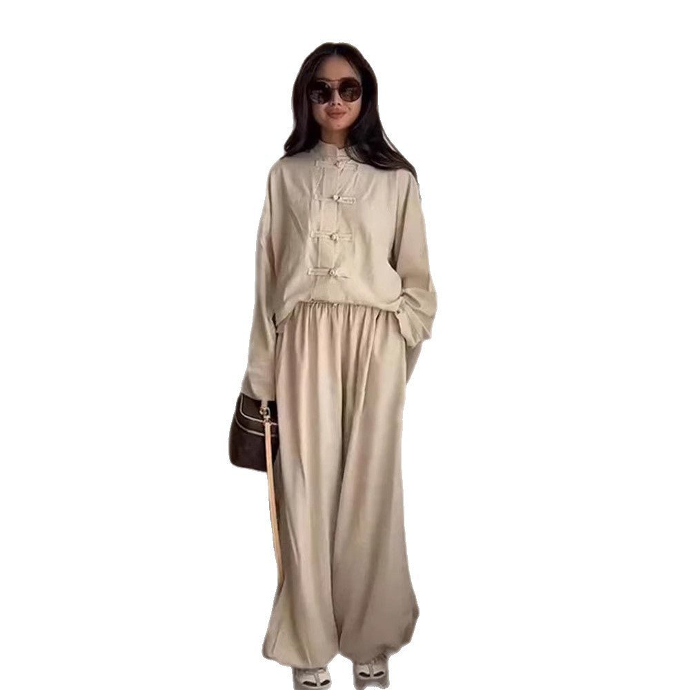Women Two-Piece Oversize Lounge Set with Stand-Up Collar and Decorative Knot Closures Chichicherry - Chichicherry