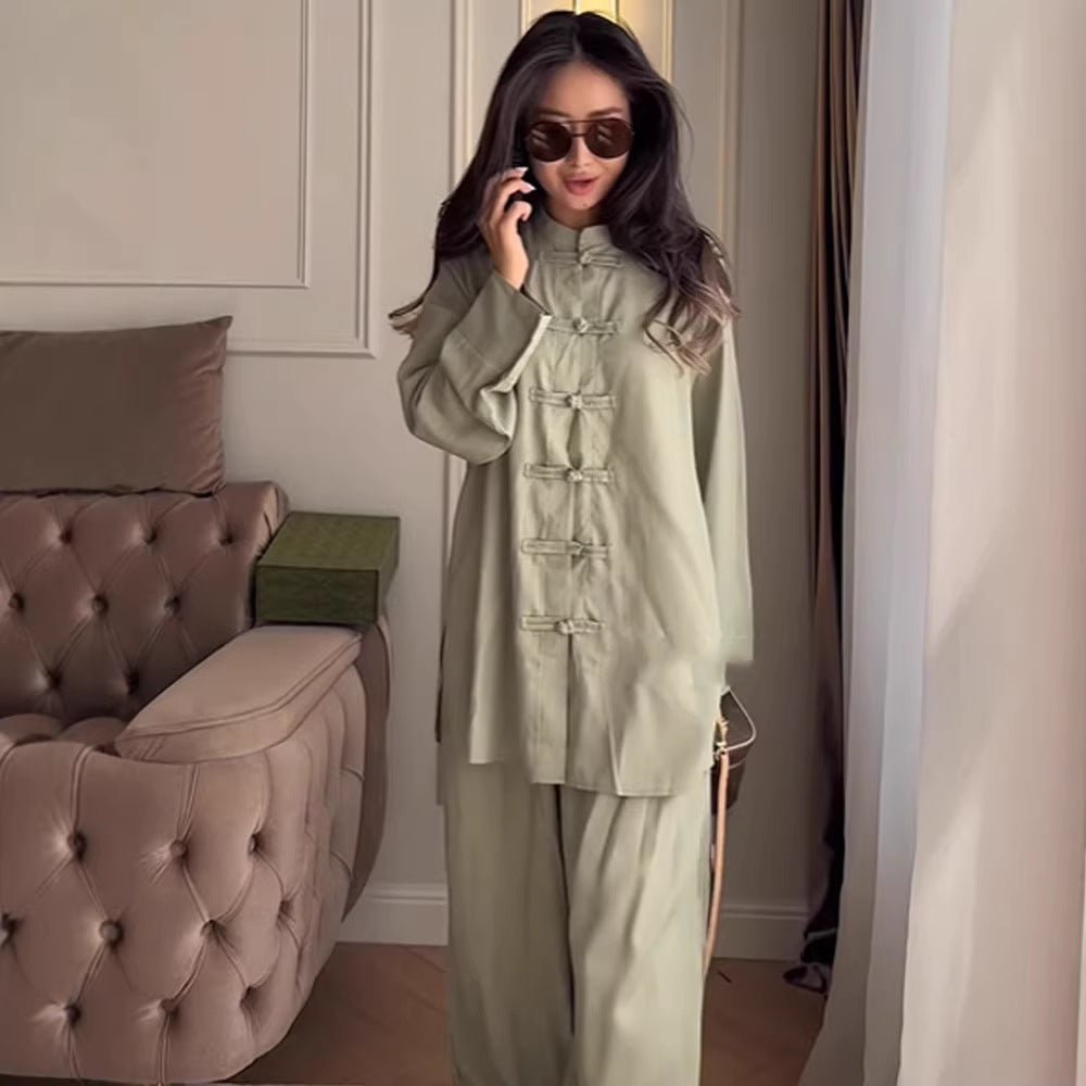 Women Two-Piece Oversize Lounge Set with Stand-Up Collar and Decorative Knot Closures Chichicherry - Chichicherry