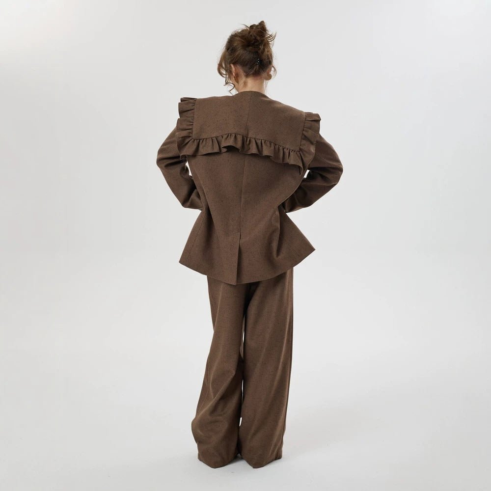Women Two-Piece Oversized Blazer and Pants Set with Ruffled Shoulder and High Pleat Chichicherry - Chichicherry