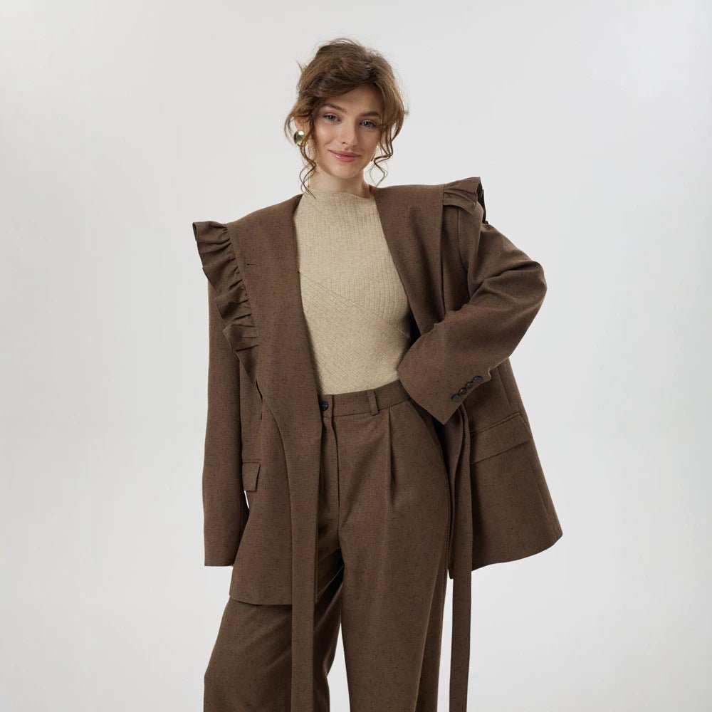 Women Two-Piece Oversized Blazer and Pants Set with Ruffled Shoulder and High Pleat Chichicherry - Chichicherry