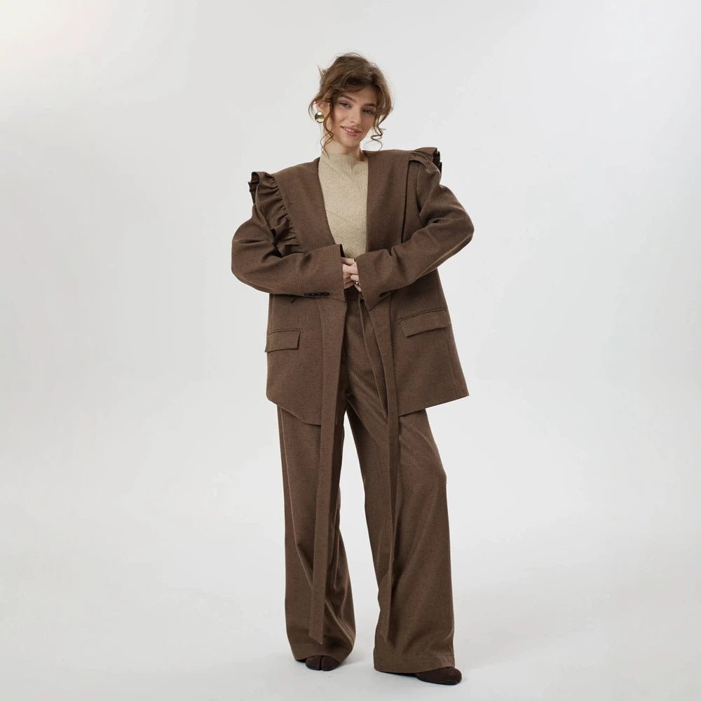 Women Two-Piece Oversized Blazer and Pants Set with Ruffled Shoulder and High Pleat Chichicherry - Chichicherry