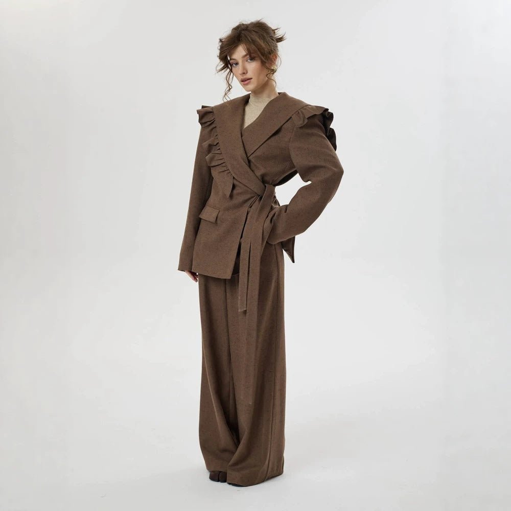 Women Two-Piece Oversized Blazer and Pants Set with Ruffled Shoulder and High Pleat Chichicherry - Chichicherry