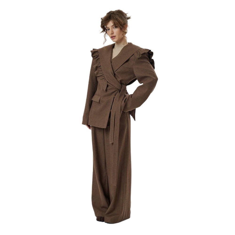Women Two-Piece Oversized Blazer and Pants Set with Ruffled Shoulder and High Pleat Chichicherry - Chichicherry